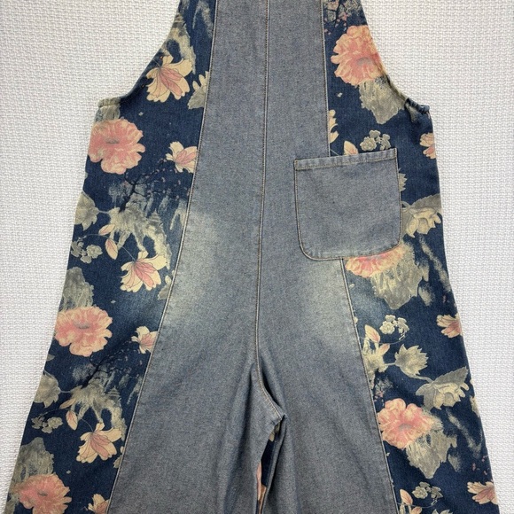 COWOKA Boho Floral Denim Bib Overalls Loose Wide Leg Jumpsuit Suspenders Small - Picture 8 of 13